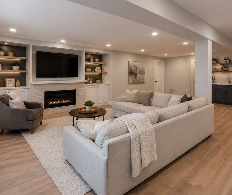 Finished basement family room with media wall and wet bar
