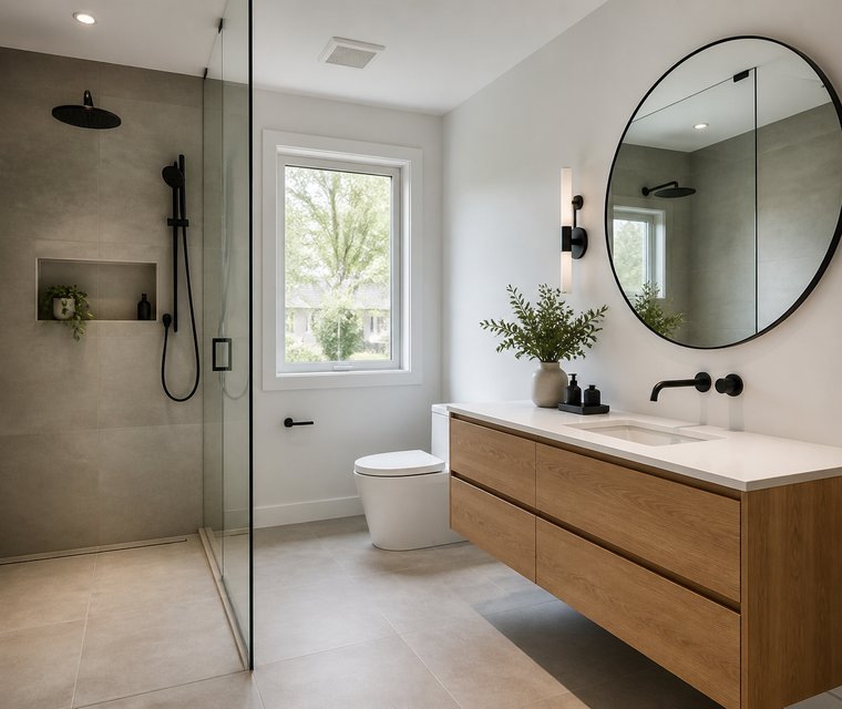 Modern bathroom with walk-in shower and oak vanity