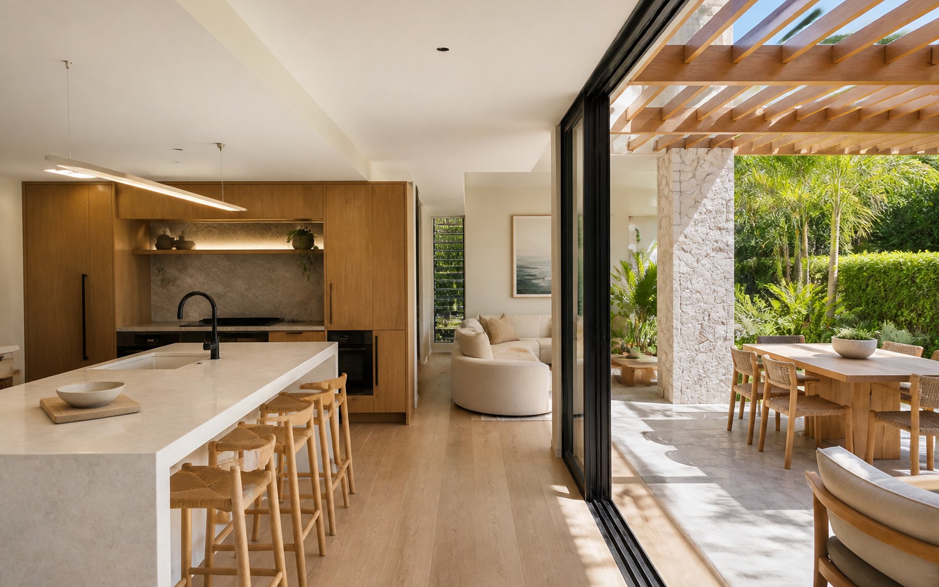 Modern renovated kitchen opening onto a covered outdoor entertaining area
