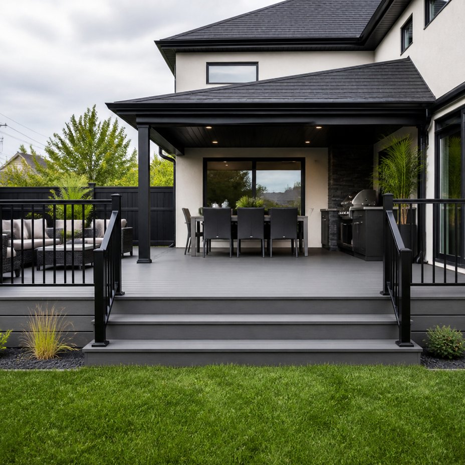 Composite deck with black railings