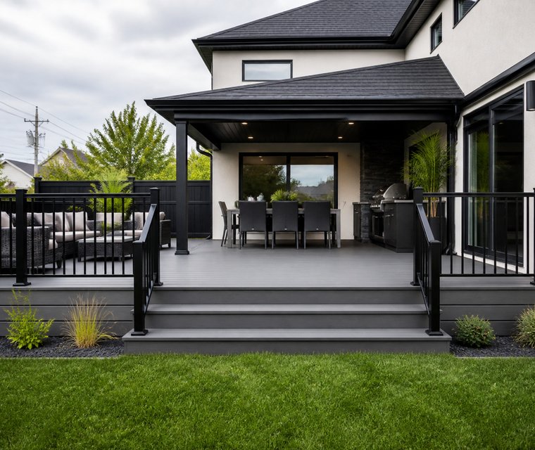 New composite deck with black railings