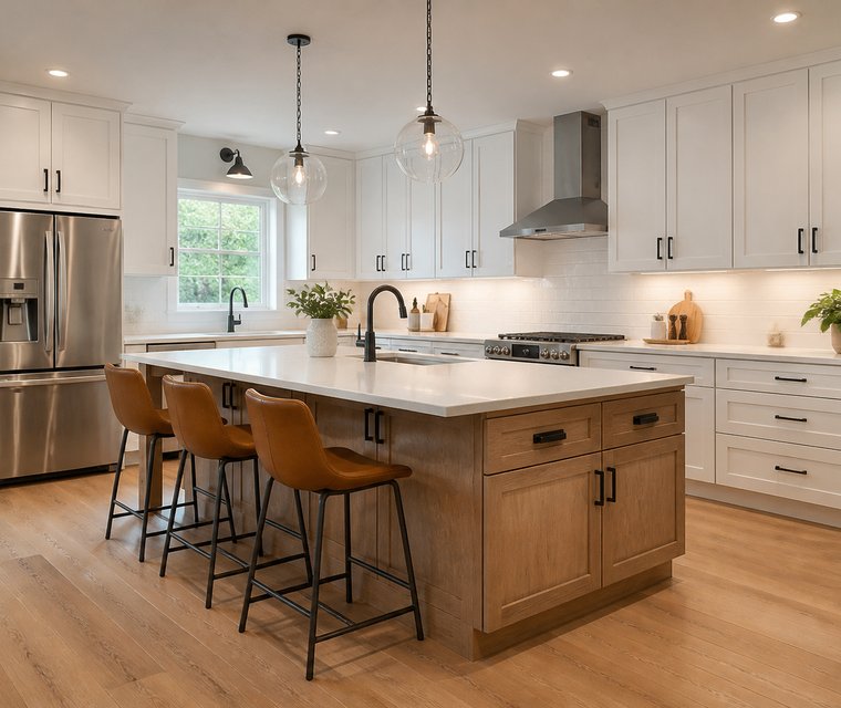 Renovated kitchen with white cabinetry and timber island
