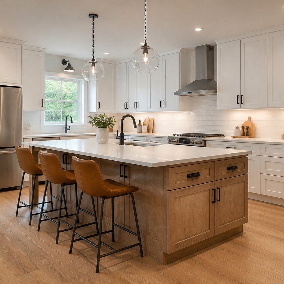 Renovated kitchen with timber island