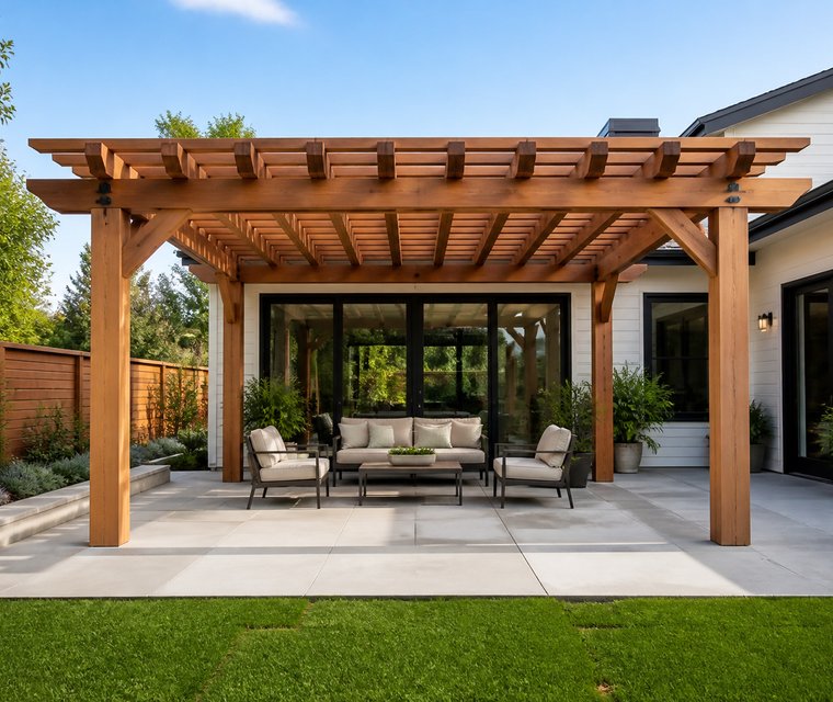 New cedar pergola over a backyard patio