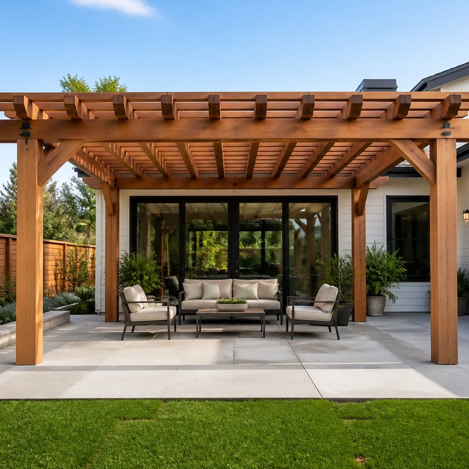Cedar pergola over a backyard patio